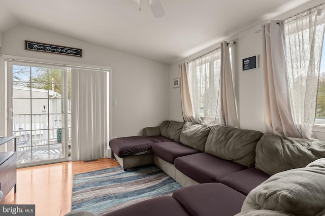 living room with ceiling fan, vaulted ceiling, and light hardwood / wood-style floors