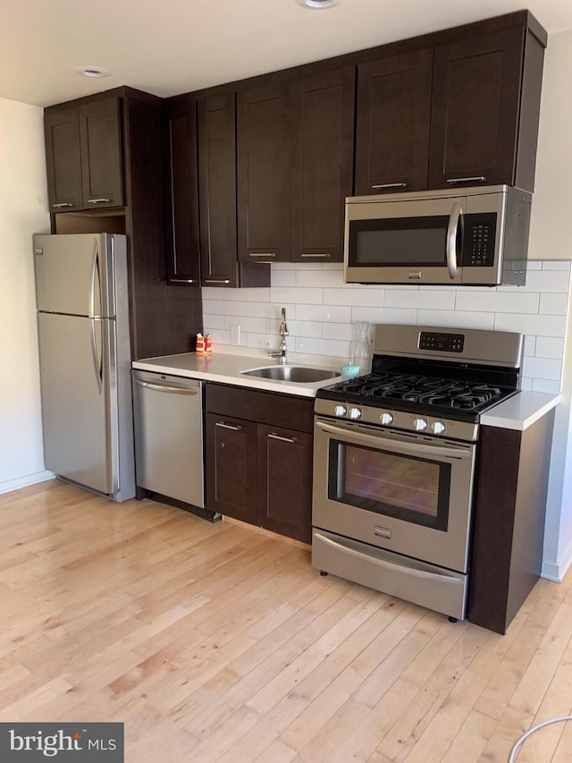 kitchen with decorative backsplash, light hardwood / wood-style floors, sink, and stainless steel appliances