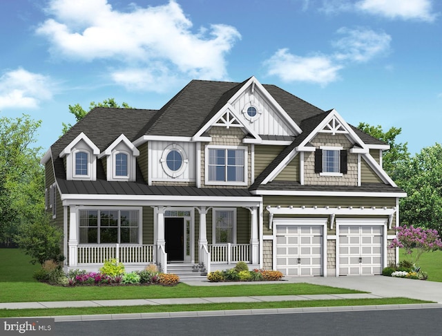 craftsman inspired home featuring covered porch, a front lawn, and a garage