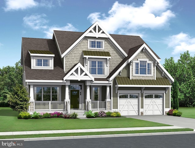 craftsman-style house with covered porch, a front yard, and a garage