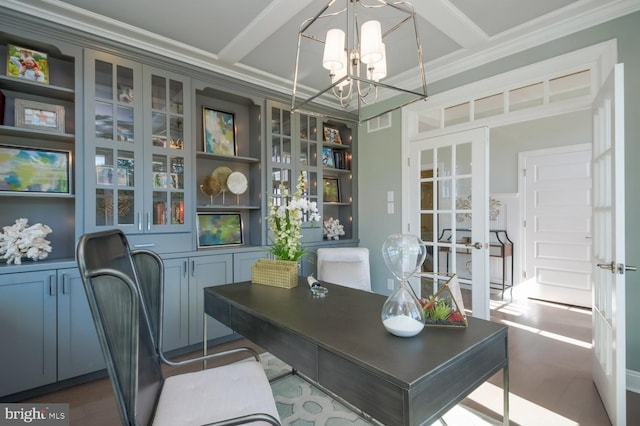 office space featuring dark wood-type flooring, beamed ceiling, french doors, a notable chandelier, and ornamental molding