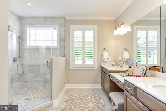 bathroom with crown molding, walk in shower, tile floors, and a healthy amount of sunlight