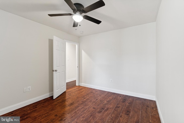 empty room featuring ceiling fan and dark wood-type flooring