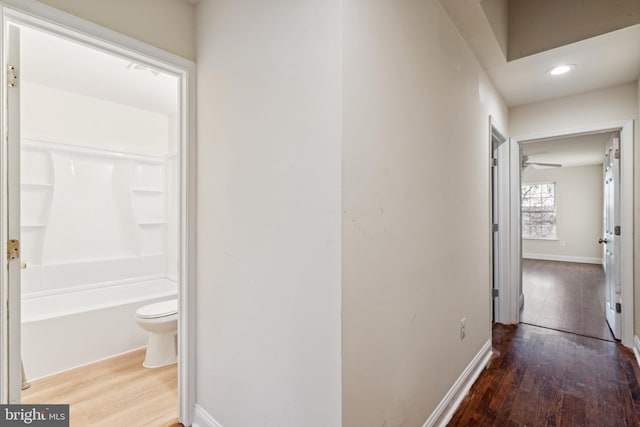 corridor with wood-type flooring