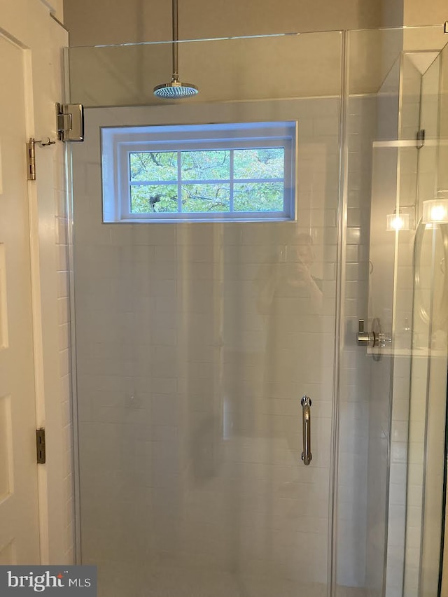 bathroom featuring a shower with shower door