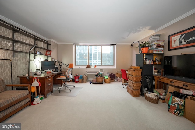 home office with crown molding and carpet flooring