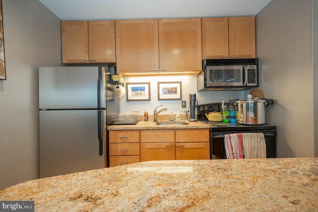 kitchen featuring sink, light stone counters, and stainless steel appliances