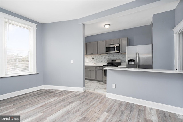 kitchen with plenty of natural light, light hardwood / wood-style floors, and appliances with stainless steel finishes