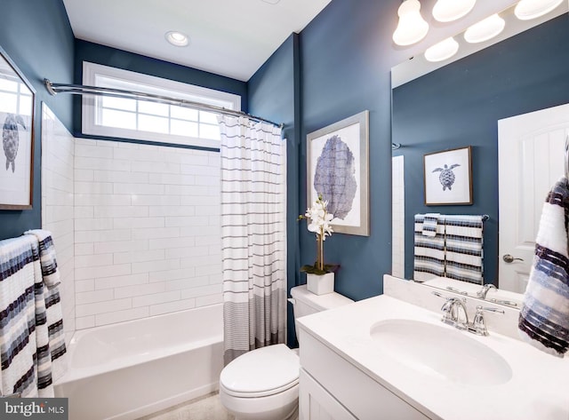 full bathroom featuring shower / bath combination with curtain, toilet, and oversized vanity