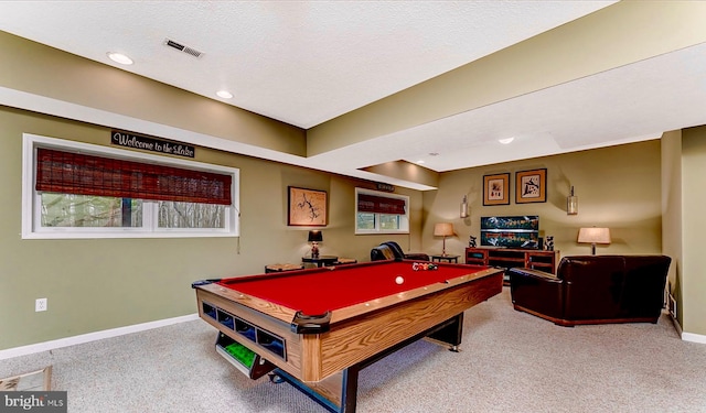 playroom featuring a textured ceiling, light colored carpet, and billiards