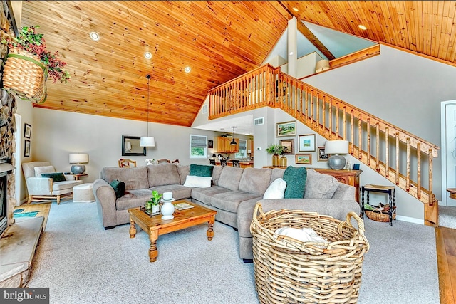 living room with a stone fireplace, light carpet, high vaulted ceiling, and wooden ceiling