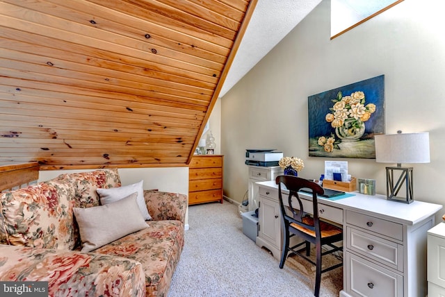 office featuring light colored carpet, vaulted ceiling, and wooden ceiling