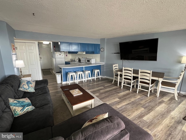 living room with a textured ceiling and dark hardwood / wood-style floors