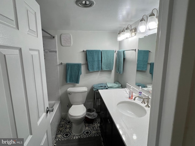 full bathroom with  shower combination, toilet, tile flooring, and vanity