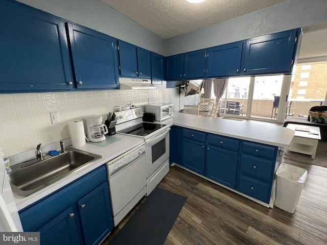 kitchen with plenty of natural light, dark hardwood / wood-style floors, tasteful backsplash, and white appliances