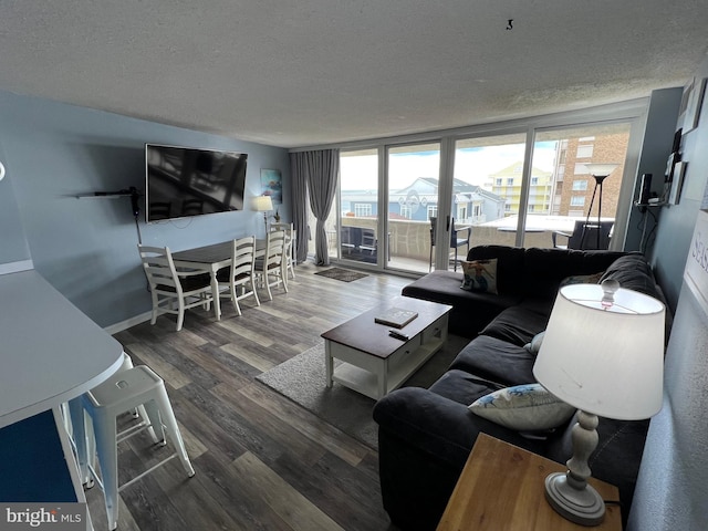 living room with floor to ceiling windows, a textured ceiling, and dark hardwood / wood-style flooring