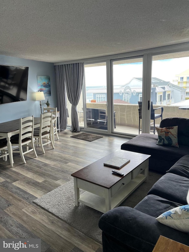 living room featuring hardwood / wood-style floors and a textured ceiling