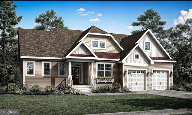 view of front of property featuring a front lawn, covered porch, and a garage