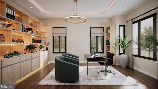 office featuring hardwood / wood-style floors, a tray ceiling, and a healthy amount of sunlight