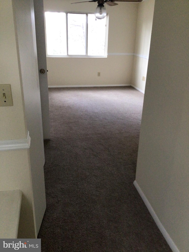 unfurnished room featuring ceiling fan and carpet flooring