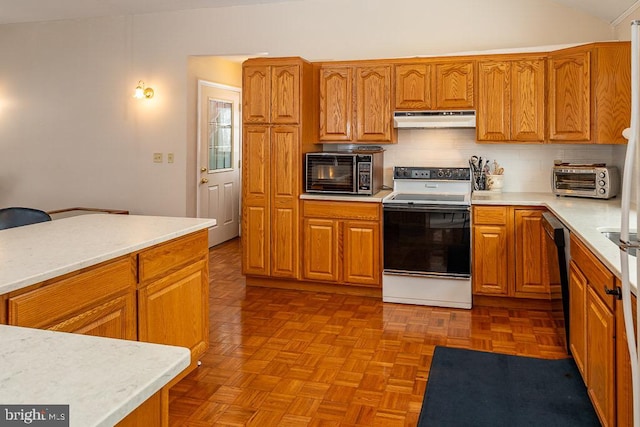 kitchen featuring lofted ceiling, decorative backsplash, white range with electric cooktop, and light parquet floors