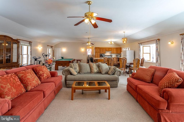 carpeted living room featuring lofted ceiling, billiards, and ceiling fan