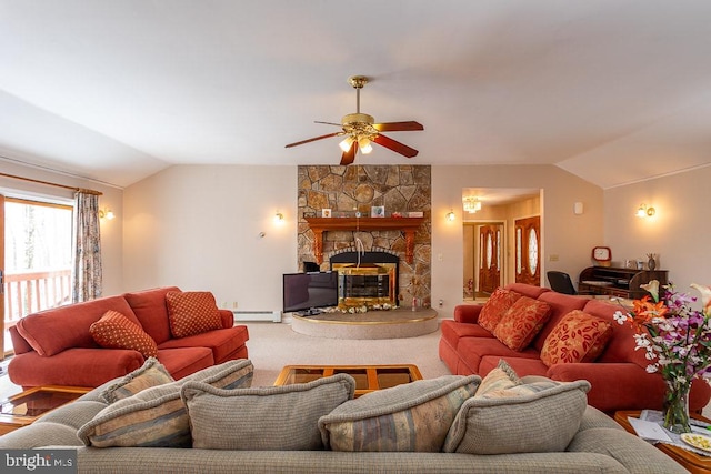 carpeted living room featuring a stone fireplace, ceiling fan, a baseboard radiator, and vaulted ceiling