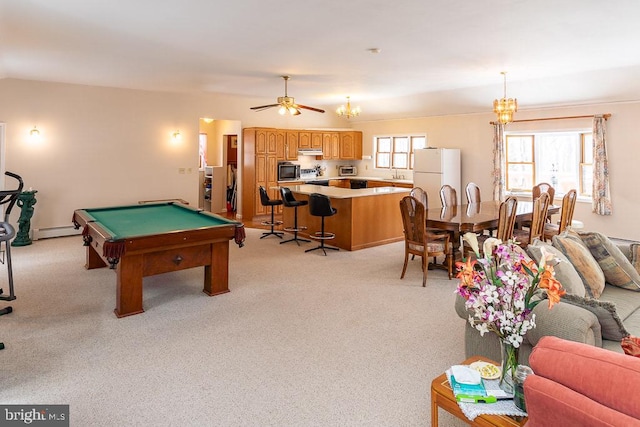 rec room with sink, pool table, light colored carpet, and ceiling fan