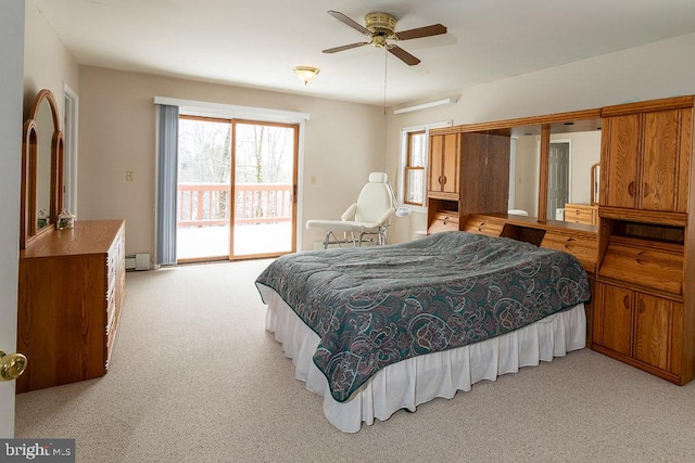 bedroom featuring access to outside, light colored carpet, a baseboard radiator, and ceiling fan