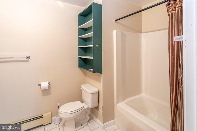 bathroom featuring toilet, shower / bath combination with curtain, tile patterned floors, and a baseboard radiator