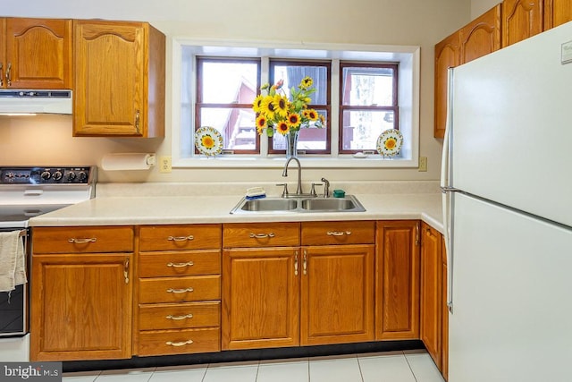 kitchen with sink, exhaust hood, a wealth of natural light, and white appliances