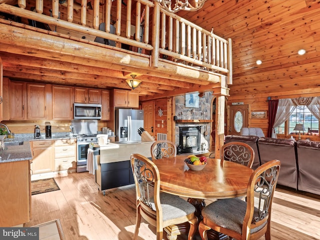 dining space with light wood-type flooring, high vaulted ceiling, wooden walls, and sink