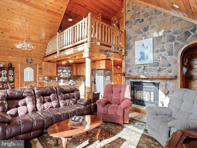 living room featuring wood walls, wood-type flooring, wooden ceiling, and high vaulted ceiling