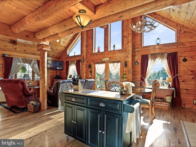 kitchen featuring beam ceiling, wooden walls, and light hardwood / wood-style flooring