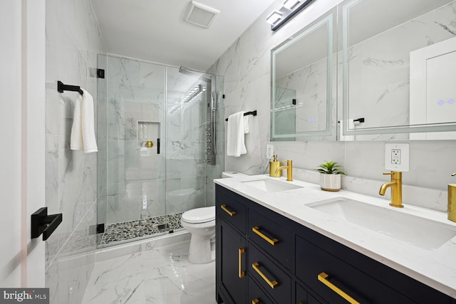 bathroom featuring walk in shower, tile walls, tile flooring, double vanity, and toilet