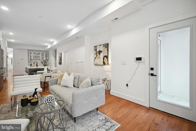 living room featuring light hardwood / wood-style flooring and sink