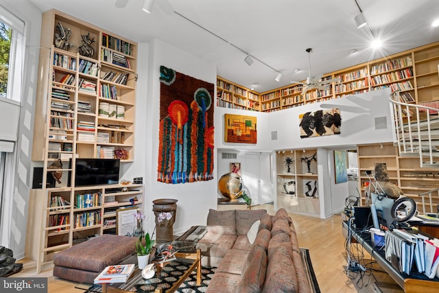 living room with rail lighting and light hardwood / wood-style floors