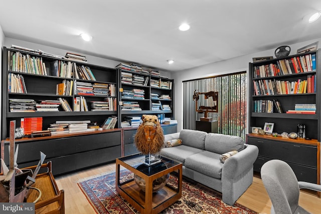 living area with light hardwood / wood-style flooring