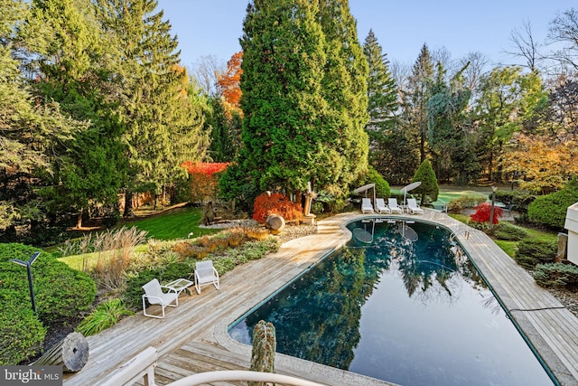 view of swimming pool featuring a deck