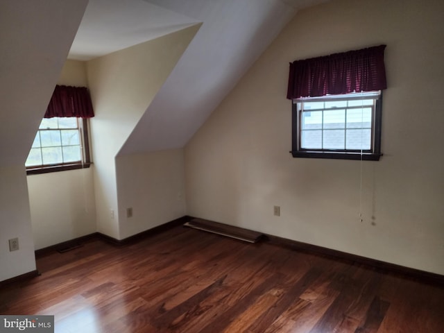 additional living space featuring dark hardwood / wood-style flooring and lofted ceiling