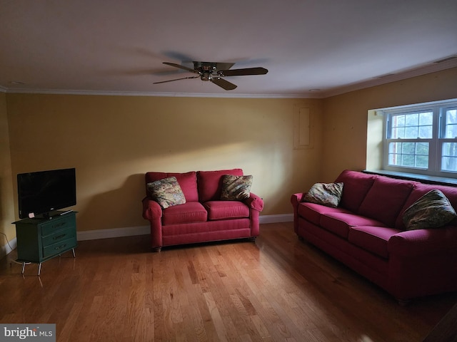 living room with hardwood / wood-style floors, ceiling fan, and ornamental molding