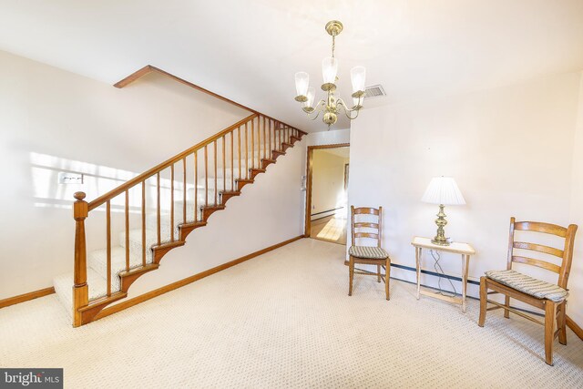 stairway featuring a baseboard heating unit, baseboards, a notable chandelier, and carpet