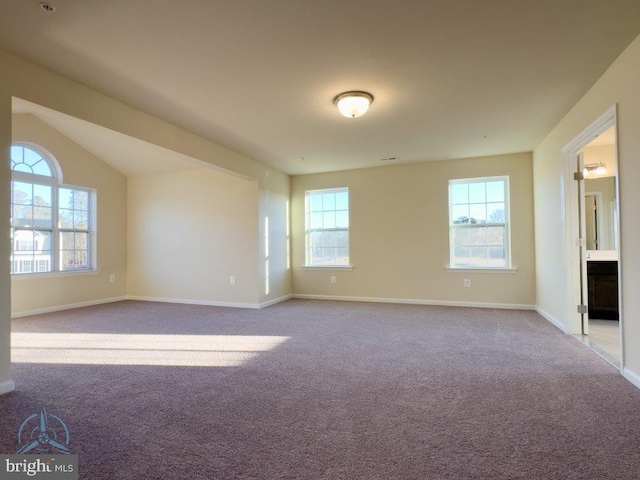 carpeted empty room featuring plenty of natural light and lofted ceiling