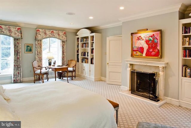 carpeted bedroom featuring ornamental molding