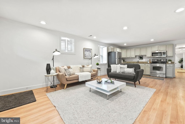 living room featuring light hardwood / wood-style flooring and sink