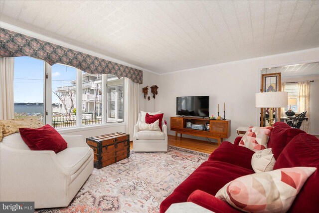 living room with light hardwood / wood-style flooring, a water view, and ornamental molding