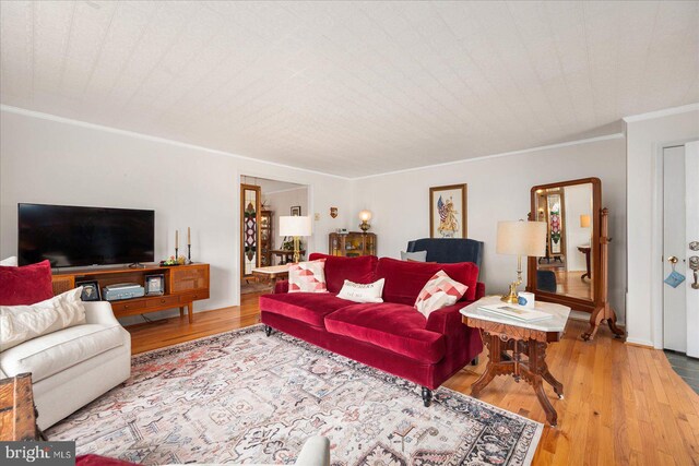 living room with crown molding and light hardwood / wood-style flooring