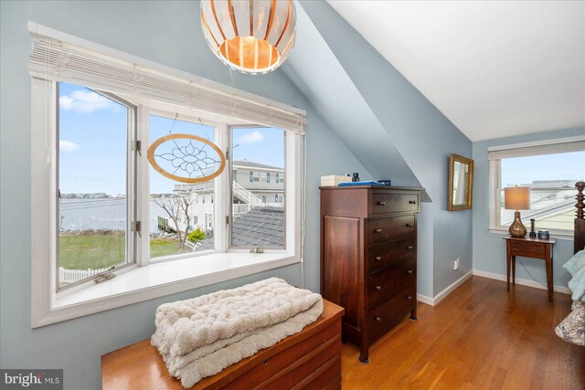 sitting room featuring lofted ceiling, a water view, and wood-type flooring