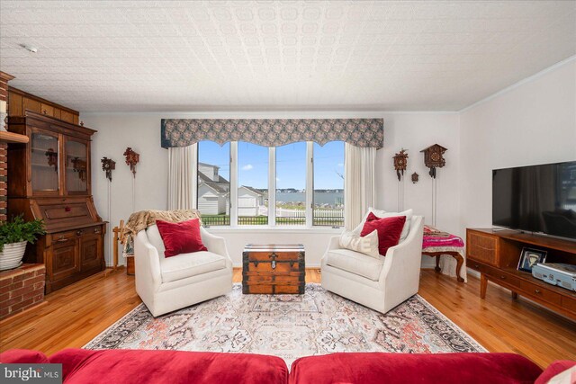 living room featuring ornamental molding and light hardwood / wood-style floors