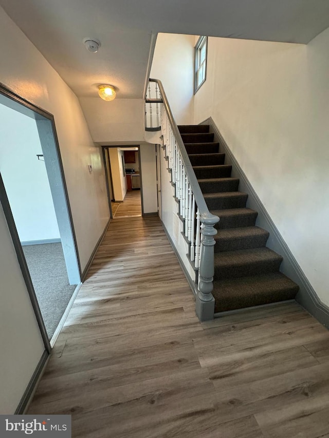 stairs featuring wood-type flooring